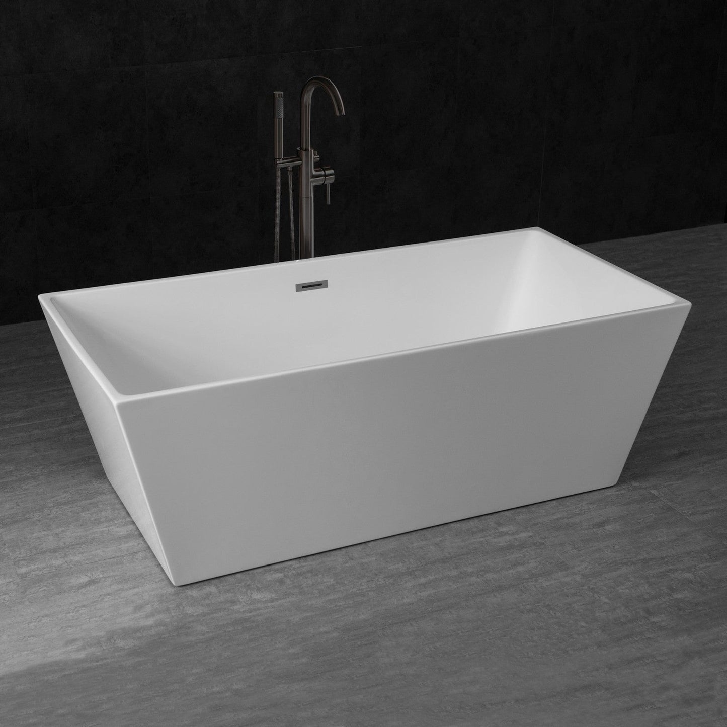 WoodBridge B0003 67" White Acrylic Freestanding Soaking Bathtub With Matte Black Drain and Overflow