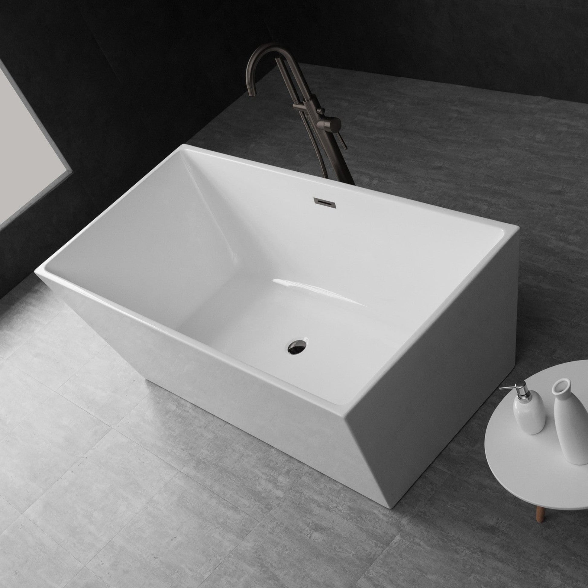 WoodBridge B0003 67" White Acrylic Freestanding Soaking Bathtub With Matte Black Drain and Overflow