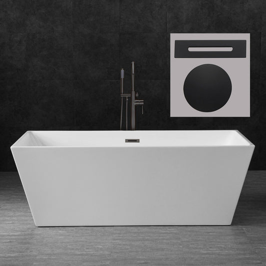 WoodBridge B0003 67" White Acrylic Freestanding Soaking Bathtub With Matte Black Drain and Overflow