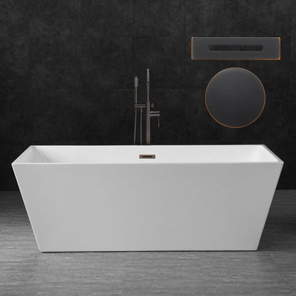 WoodBridge B0003 67" White Acrylic Freestanding Soaking Bathtub With Oil Rubbed Bronze Drain and Overflow