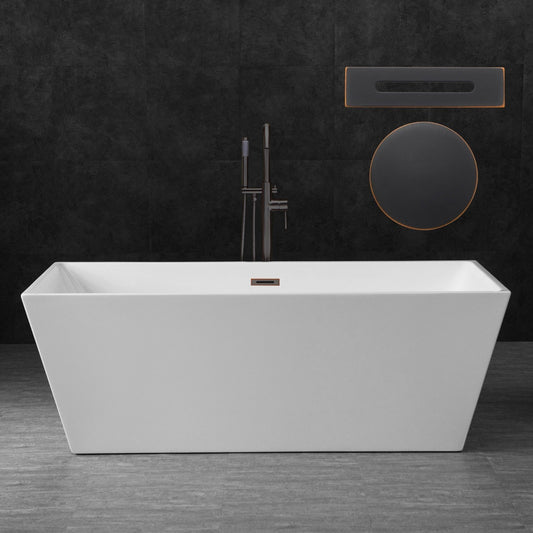 WoodBridge B0003 67" White Acrylic Freestanding Soaking Bathtub With Oil Rubbed Bronze Drain and Overflow