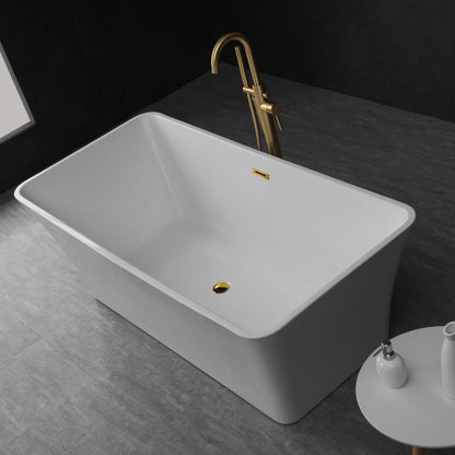 WoodBridge B0004 67" White Acrylic Freestanding Soaking Bathtub With Brushed Gold Drain, Overflow, F0073BGVT Tub Filler and Caddy Tray