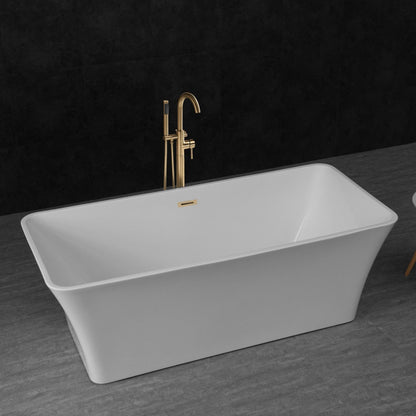 WoodBridge B0004 67" White Acrylic Freestanding Soaking Bathtub With Brushed Gold Drain, Overflow, F0073BGVT Tub Filler and Caddy Tray