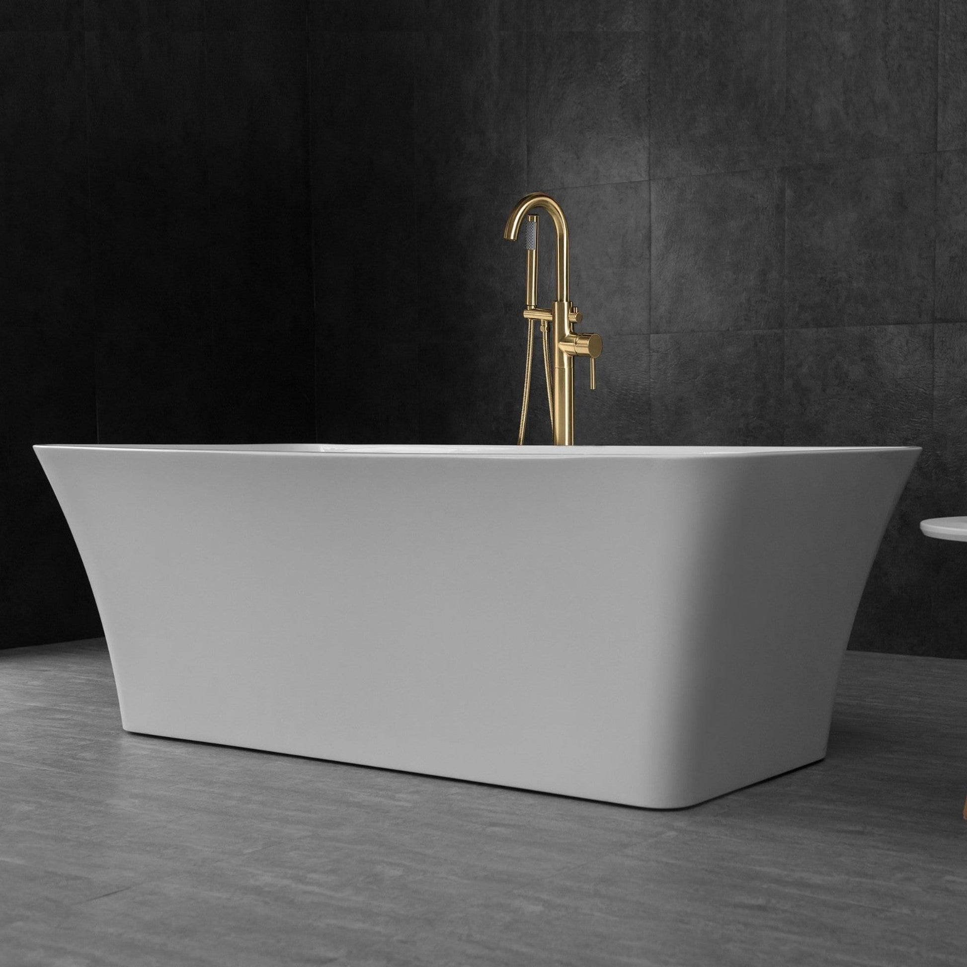 WoodBridge B0004 67" White Acrylic Freestanding Soaking Bathtub With Brushed Gold Drain, Overflow, F0073BGVT Tub Filler and Caddy Tray