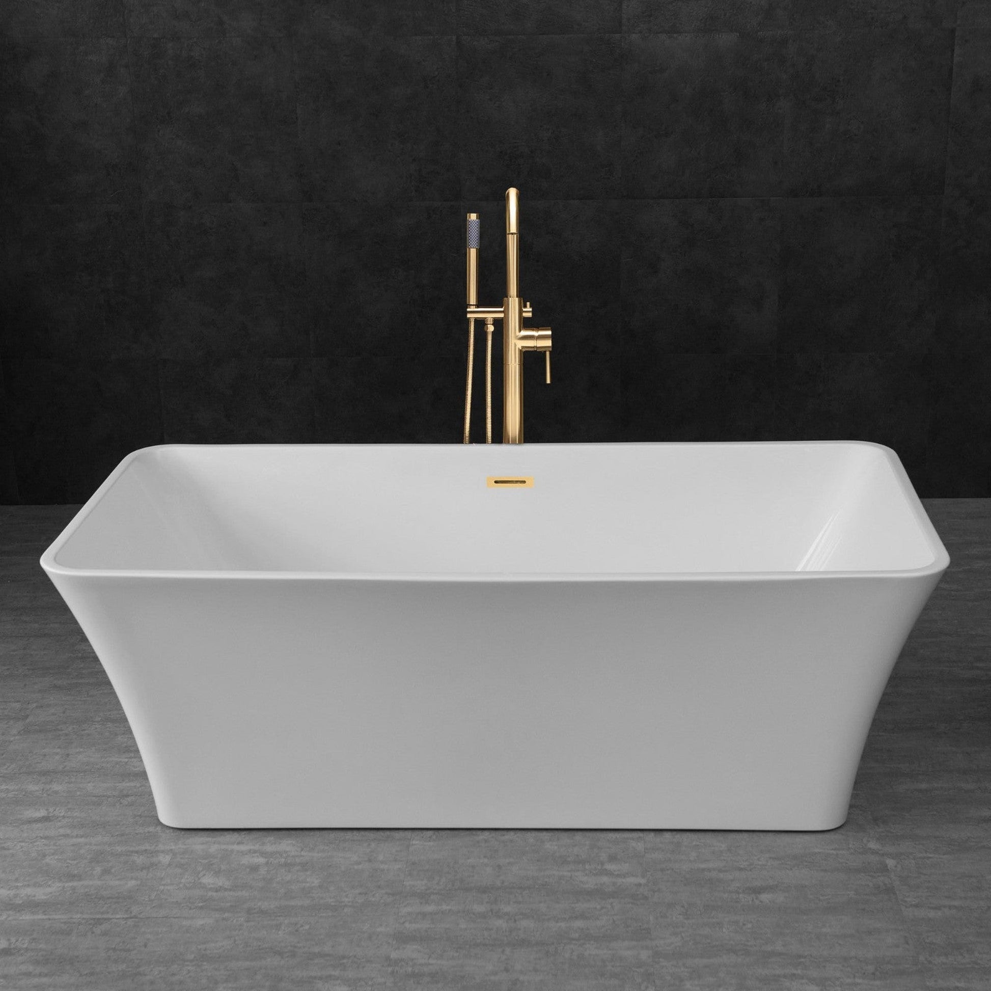 WoodBridge B0004 67" White Acrylic Freestanding Soaking Bathtub With Brushed Gold Drain, Overflow, F0073BGVT Tub Filler and Caddy Tray