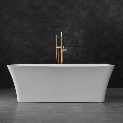 WoodBridge B0004 67" White Acrylic Freestanding Soaking Bathtub With Brushed Gold Drain, Overflow, F0073BGVT Tub Filler and Caddy Tray