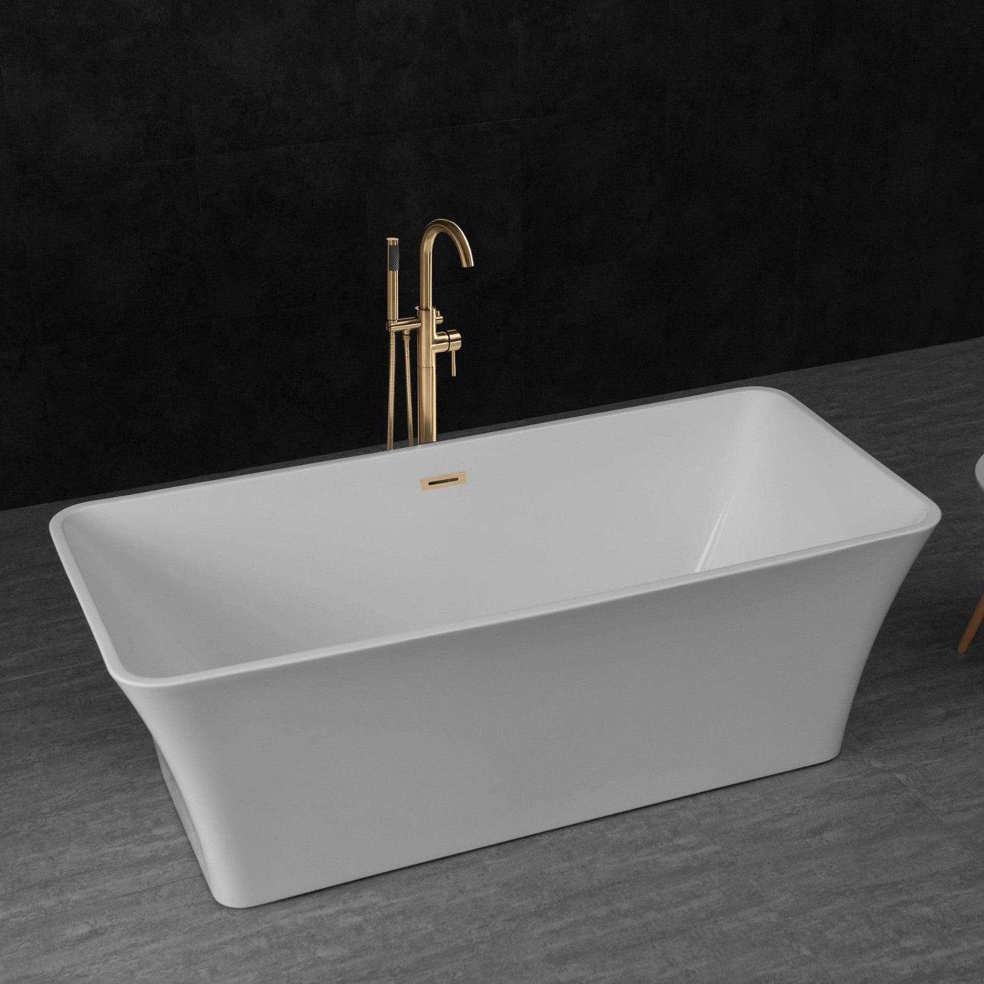 WoodBridge B0004 67" White Acrylic Freestanding Soaking Bathtub With Brushed Gold Drain, Overflow, F0073BGVT Tub Filler and Caddy Tray