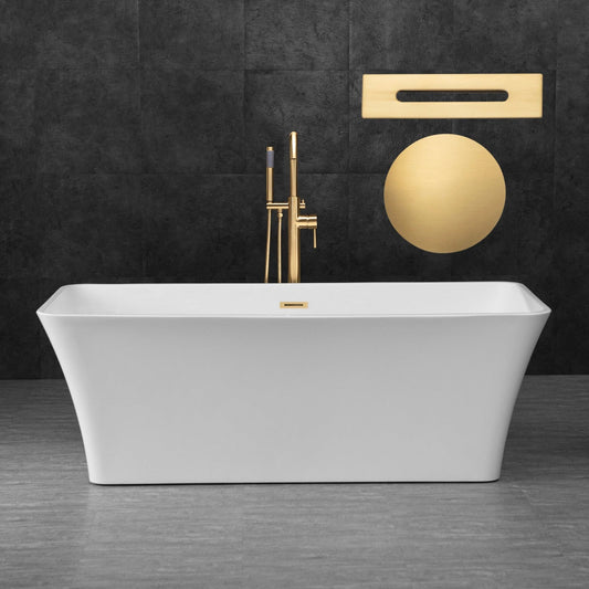 WoodBridge B0004 67" White Acrylic Freestanding Soaking Bathtub With Brushed Gold Drain, Overflow, F0073BGVT Tub Filler and Caddy Tray