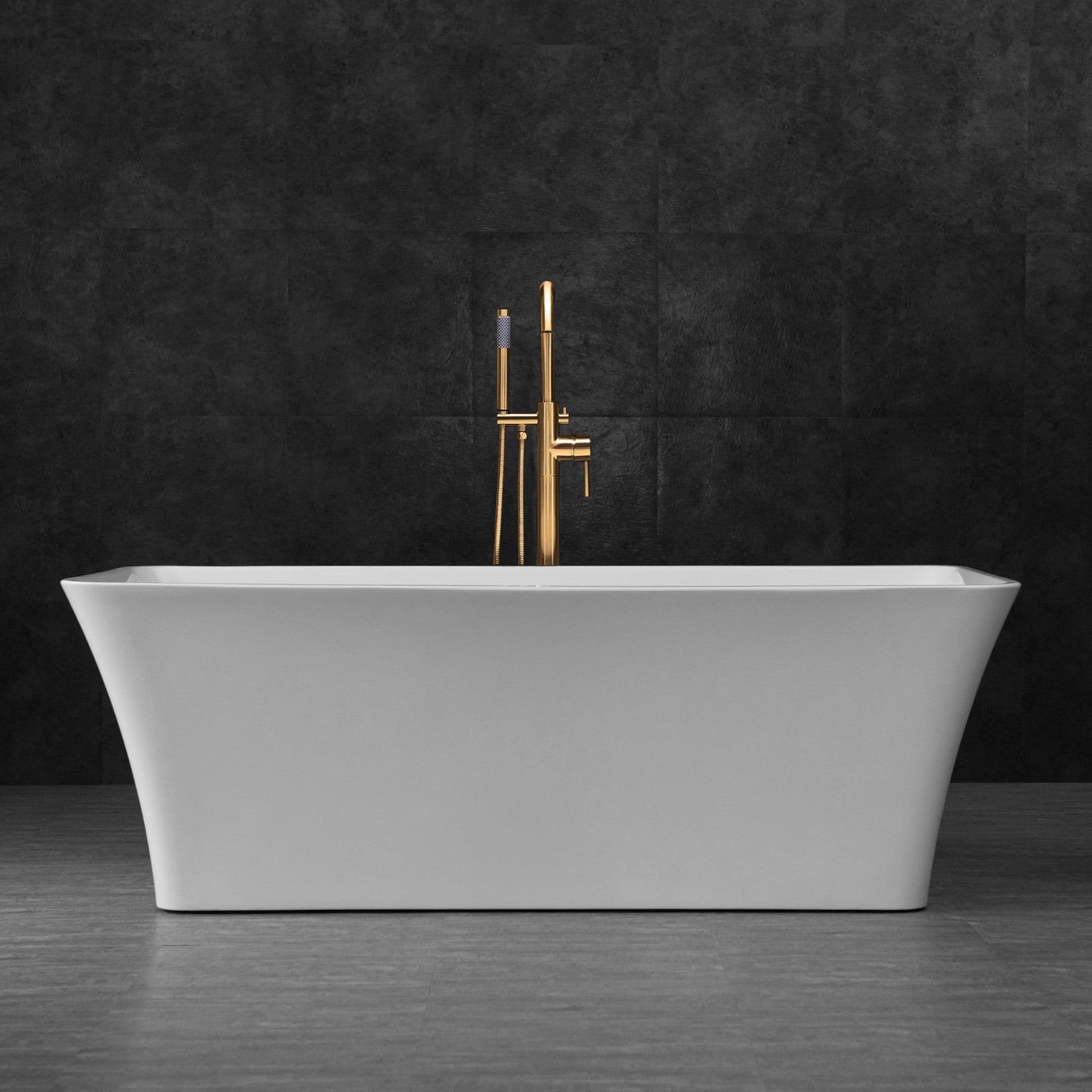 WoodBridge B0004 67" White Acrylic Freestanding Soaking Bathtub With Brushed Gold Drain and Overflow