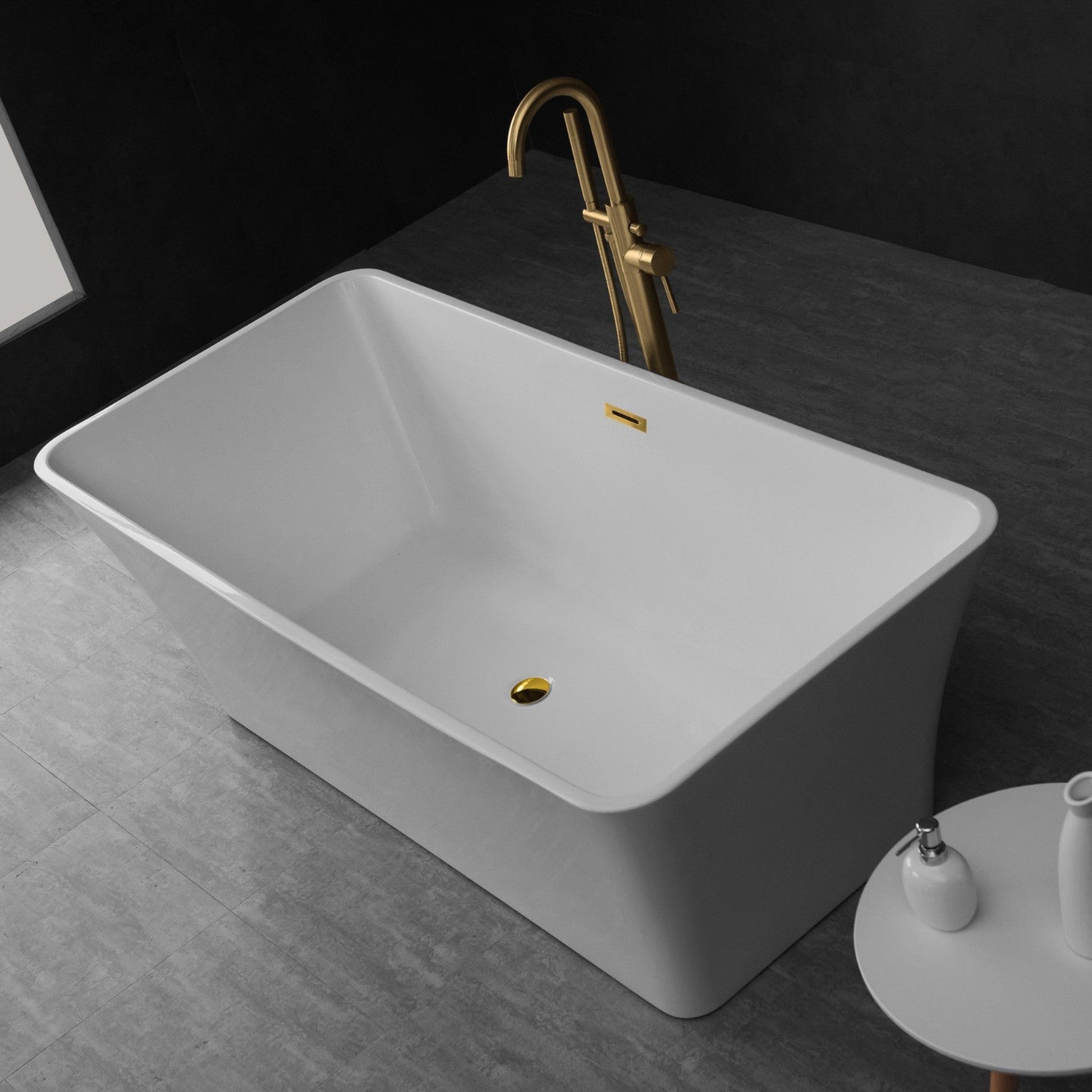 WoodBridge B0004 67" White Acrylic Freestanding Soaking Bathtub With Brushed Gold Drain and Overflow