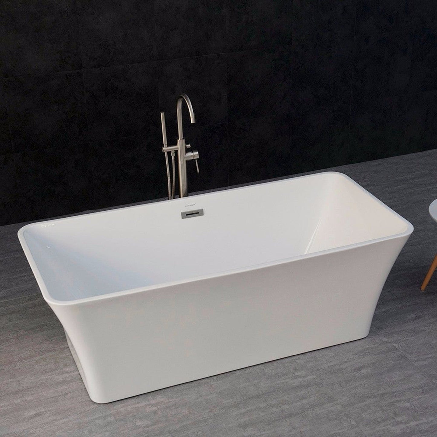 WoodBridge B0004 67" White Acrylic Freestanding Soaking Bathtub With Brushed Nickel Drain, Overflow, F0070BNVT Tub Filler and Caddy Tray