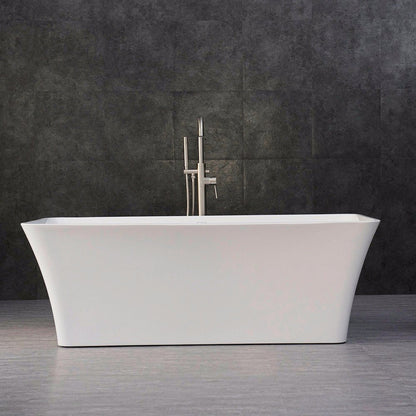 WoodBridge B0004 67" White Acrylic Freestanding Soaking Bathtub With Brushed Nickel Drain, Overflow, F0070BNVT Tub Filler and Caddy Tray