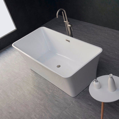 WoodBridge B0004 67" White Acrylic Freestanding Soaking Bathtub With Brushed Nickel Drain, Overflow, F0070BNVT Tub Filler and Caddy Tray