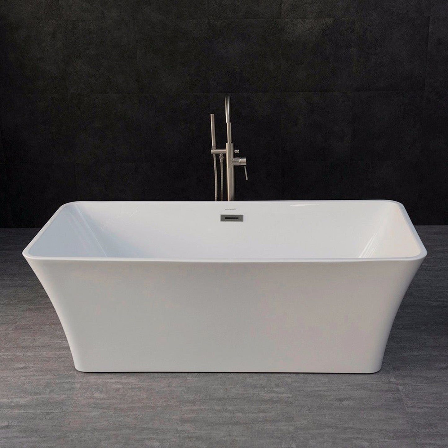 WoodBridge B0004 67" White Acrylic Freestanding Soaking Bathtub With Brushed Nickel Drain, Overflow, F0070BNVT Tub Filler and Caddy Tray