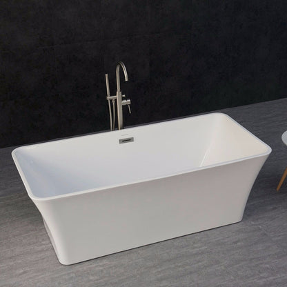 WoodBridge B0004 67" White Acrylic Freestanding Soaking Bathtub With Brushed Nickel Drain and Overflow