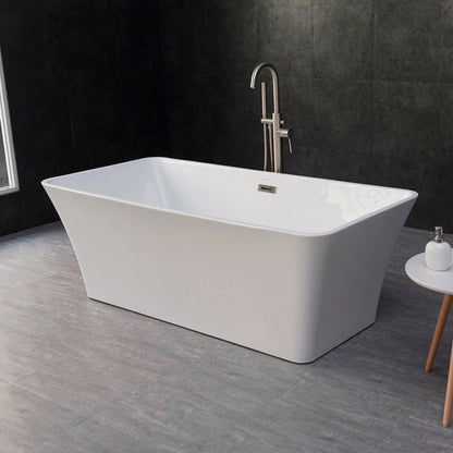 WoodBridge B0004 67" White Acrylic Freestanding Soaking Bathtub With Brushed Nickel Drain and Overflow