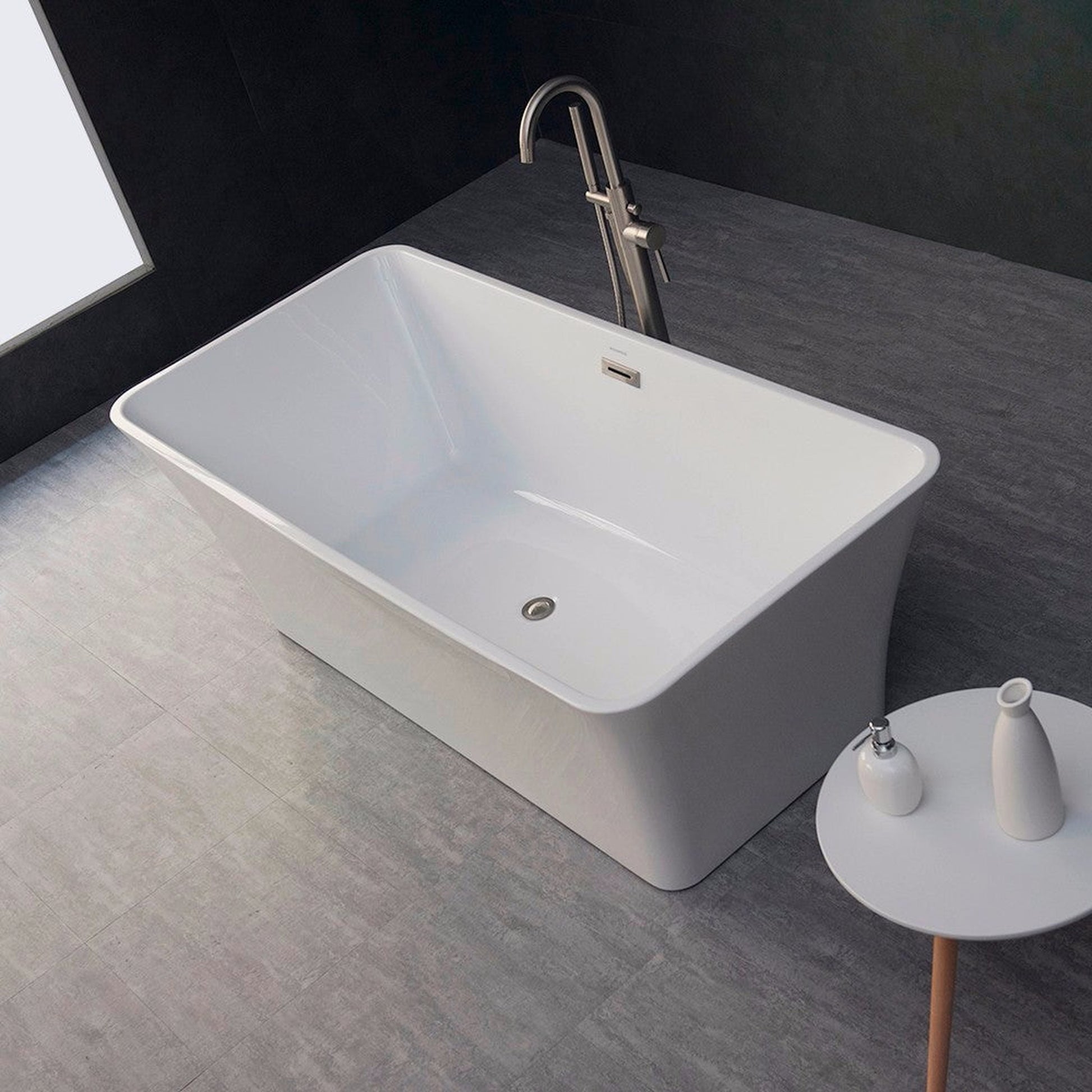 WoodBridge B0004 67" White Acrylic Freestanding Soaking Bathtub With Brushed Nickel Drain and Overflow