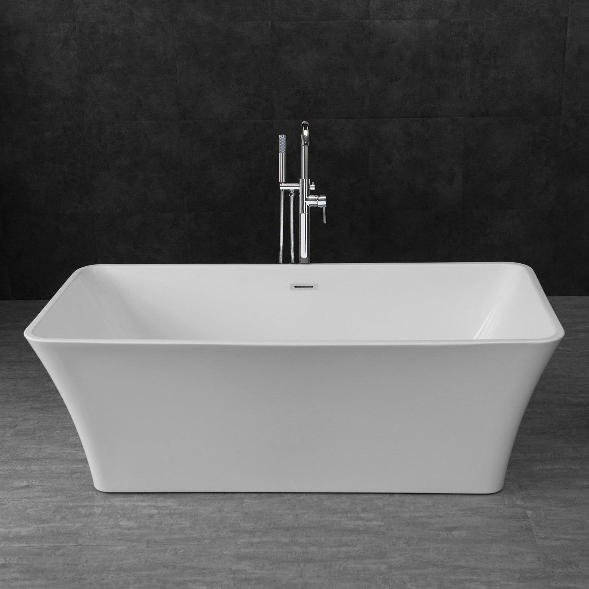 WoodBridge B0004 67" White Acrylic Freestanding Soaking Bathtub With Chrome Drain, Overflow, F0071CHVT Tub Filler and Caddy Tray