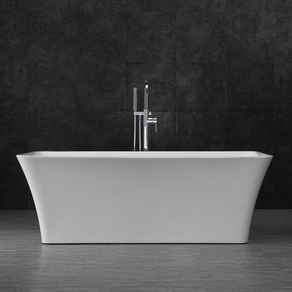 WoodBridge B0004 67" White Acrylic Freestanding Soaking Bathtub With Chrome Drain, Overflow, F0071CHVT Tub Filler and Caddy Tray