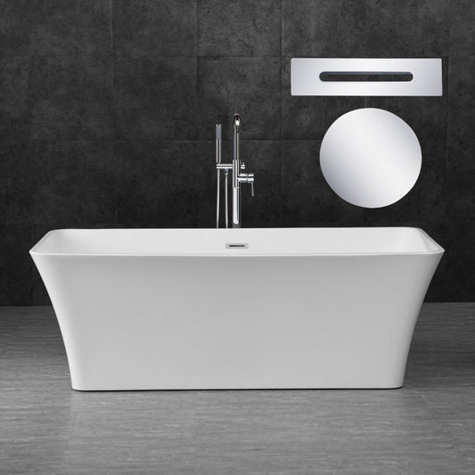 WoodBridge B0004 67" White Acrylic Freestanding Soaking Bathtub With Chrome Drain, Overflow, F0071CHVT Tub Filler and Caddy Tray