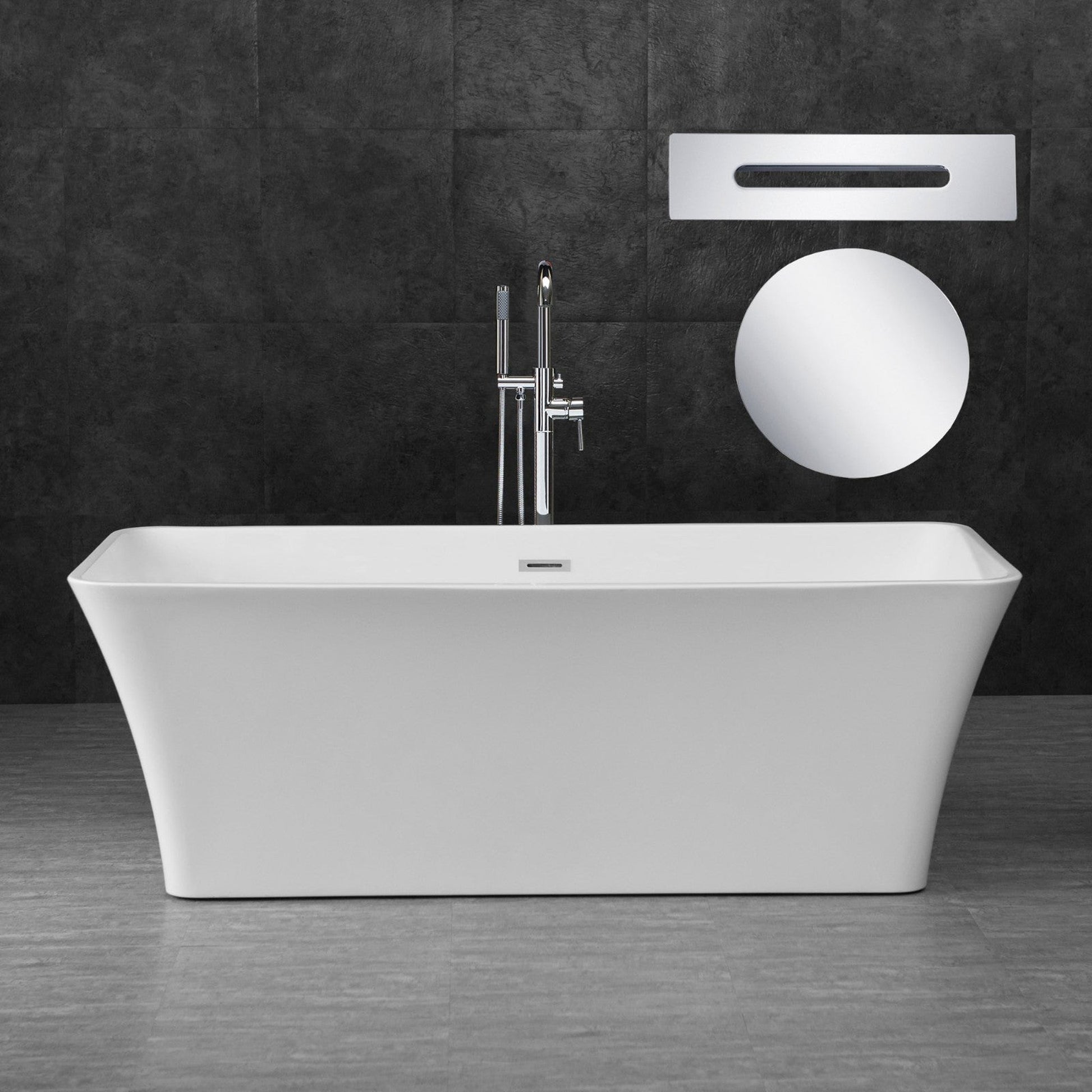 WoodBridge B0004 67" White Acrylic Freestanding Soaking Bathtub With Chrome Drain and Overflow