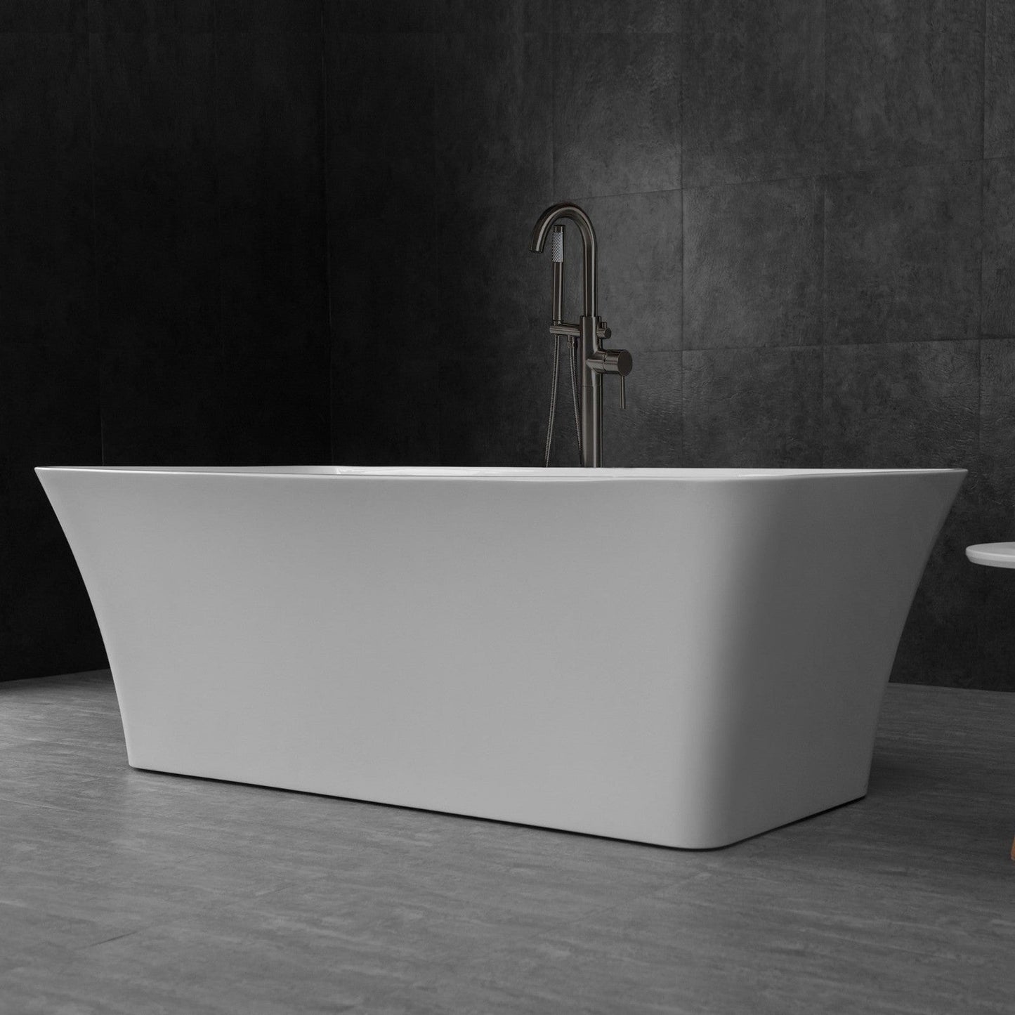 WoodBridge B0004 67" White Acrylic Freestanding Soaking Bathtub With Matte Black Drain, Overflow, F0072MBVT Tub Filler and Caddy Tray