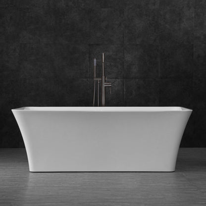 WoodBridge B0004 67" White Acrylic Freestanding Soaking Bathtub With Matte Black Drain, Overflow, F0072MBVT Tub Filler and Caddy Tray