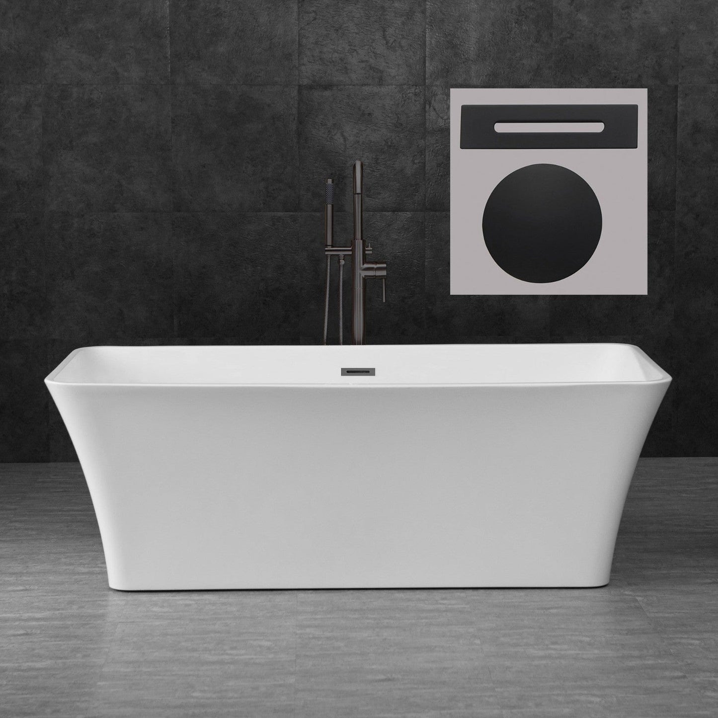 WoodBridge B0004 67" White Acrylic Freestanding Soaking Bathtub With Matte Black Drain, Overflow, F0072MBVT Tub Filler and Caddy Tray