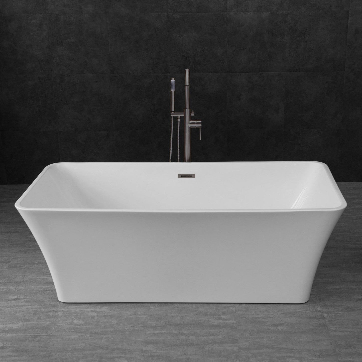 WoodBridge B0004 67" White Acrylic Freestanding Soaking Bathtub With Matte Black Drain, Overflow, F0072MBVT Tub Filler and Caddy Tray