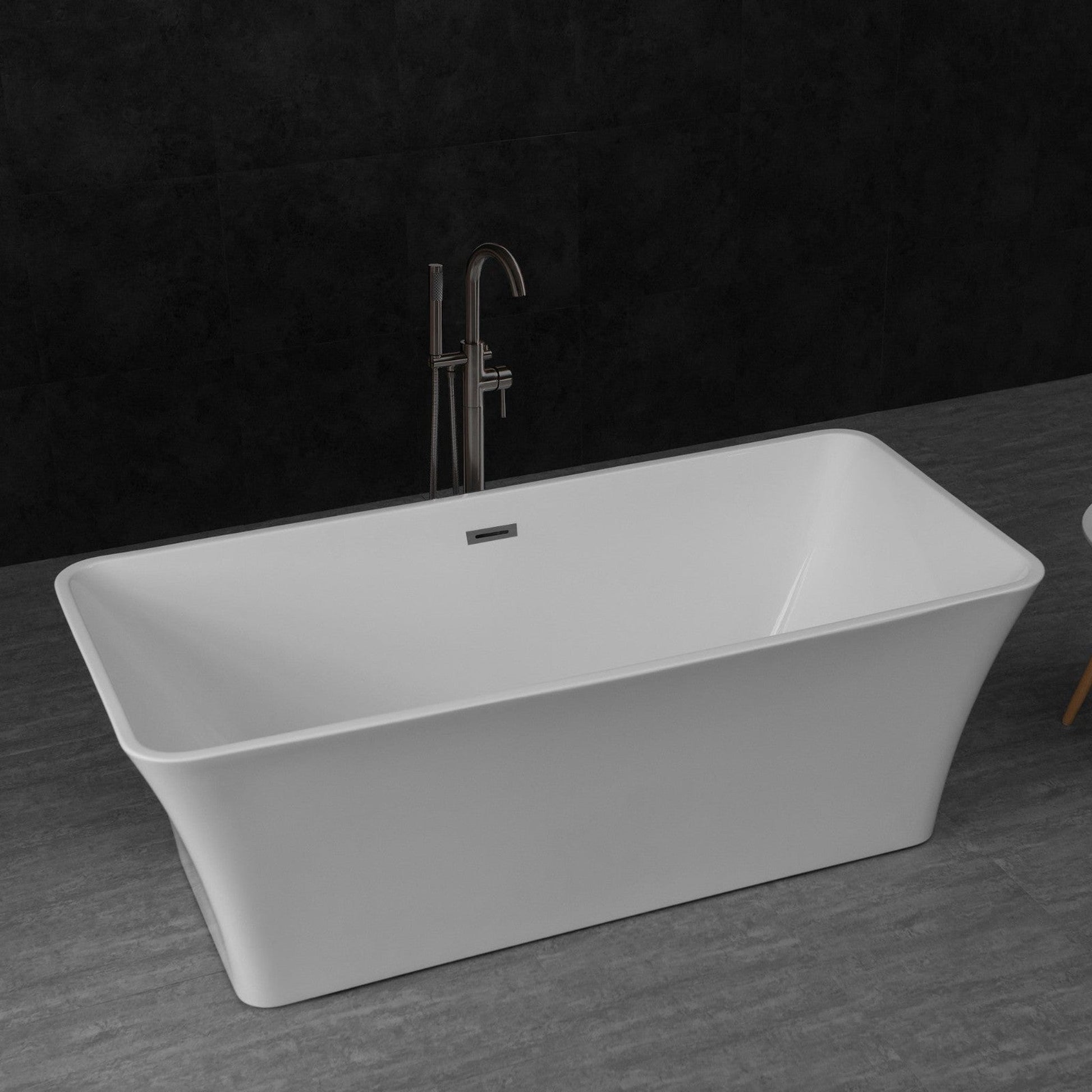 WoodBridge B0004 67" White Acrylic Freestanding Soaking Bathtub With Matte Black Drain, Overflow, F0072MBVT Tub Filler and Caddy Tray