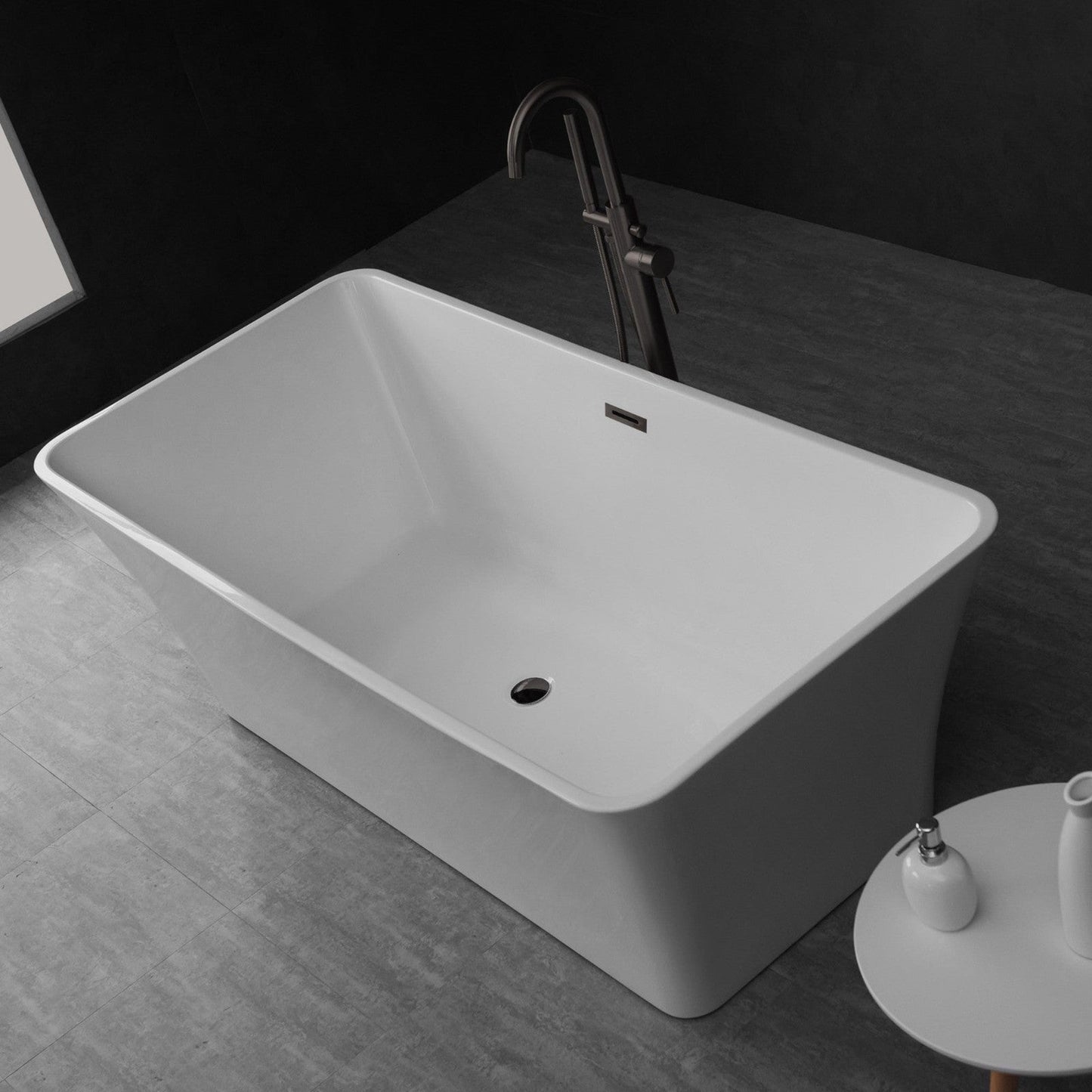 WoodBridge B0004 67" White Acrylic Freestanding Soaking Bathtub With Matte Black Drain, Overflow, F0072MBVT Tub Filler and Caddy Tray