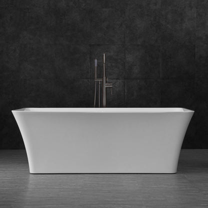 WoodBridge B0004 67" White Acrylic Freestanding Soaking Bathtub With Matte Black Drain and Overflow