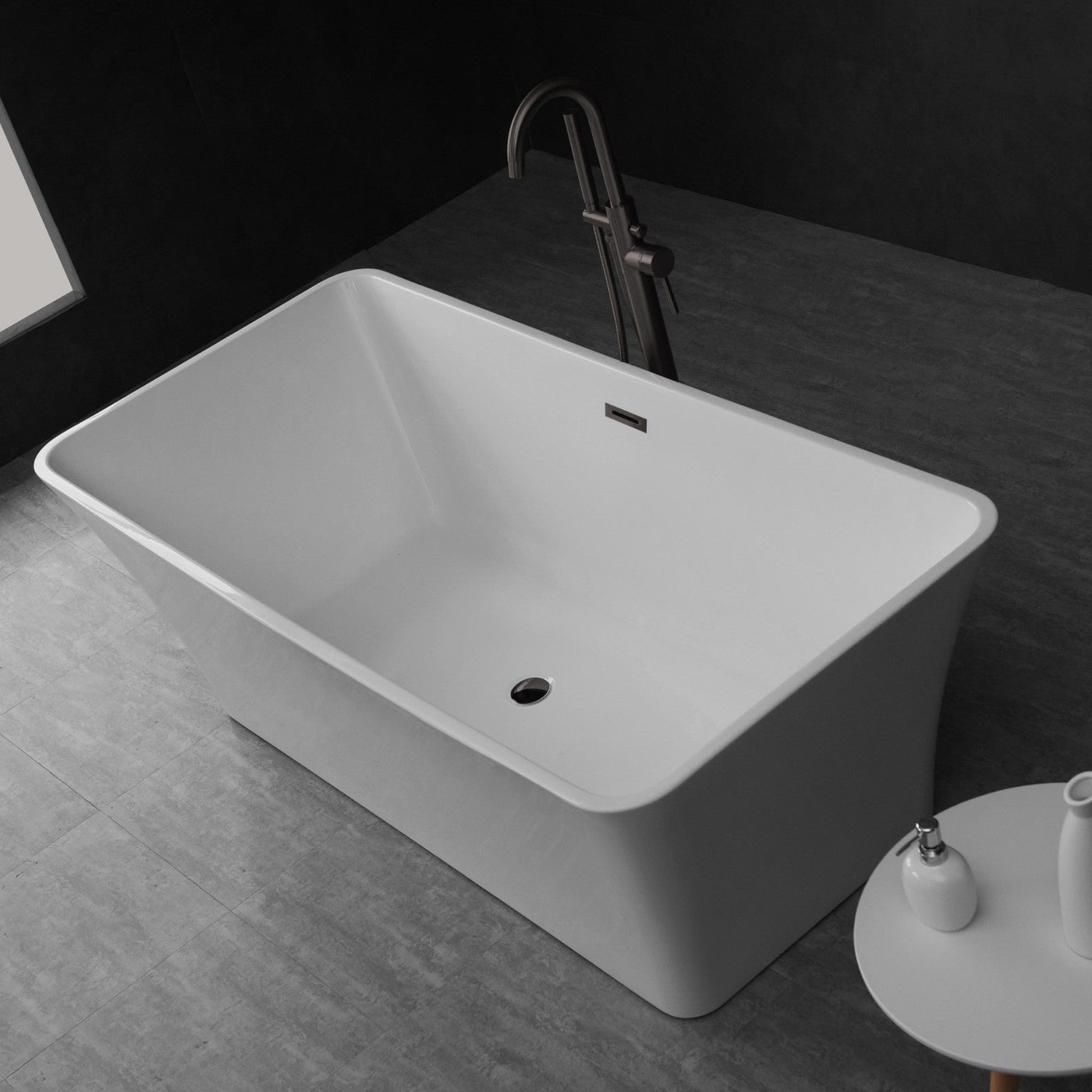 WoodBridge B0004 67" White Acrylic Freestanding Soaking Bathtub With Matte Black Drain and Overflow