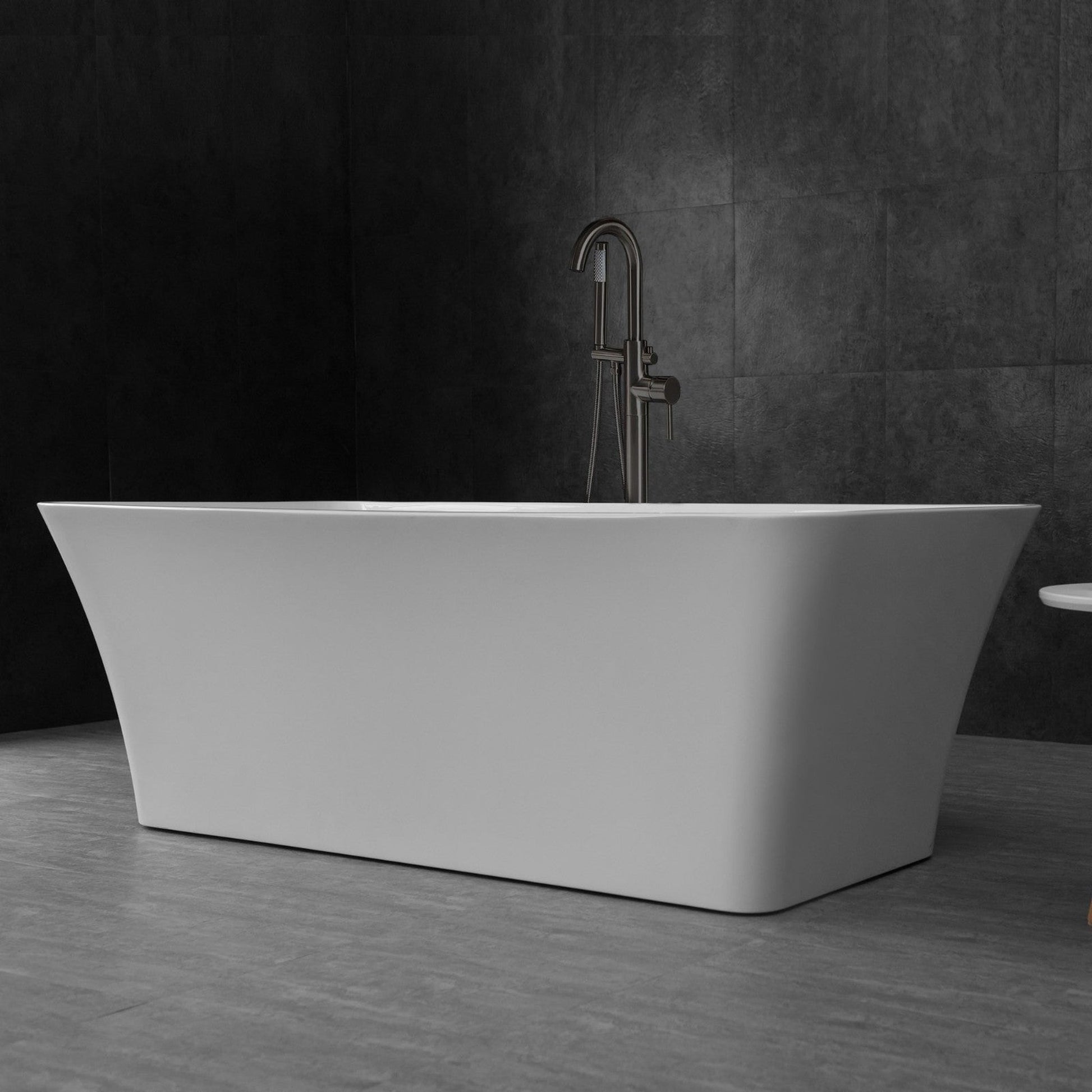 WoodBridge B0004 67" White Acrylic Freestanding Soaking Bathtub With Matte Black Drain and Overflow