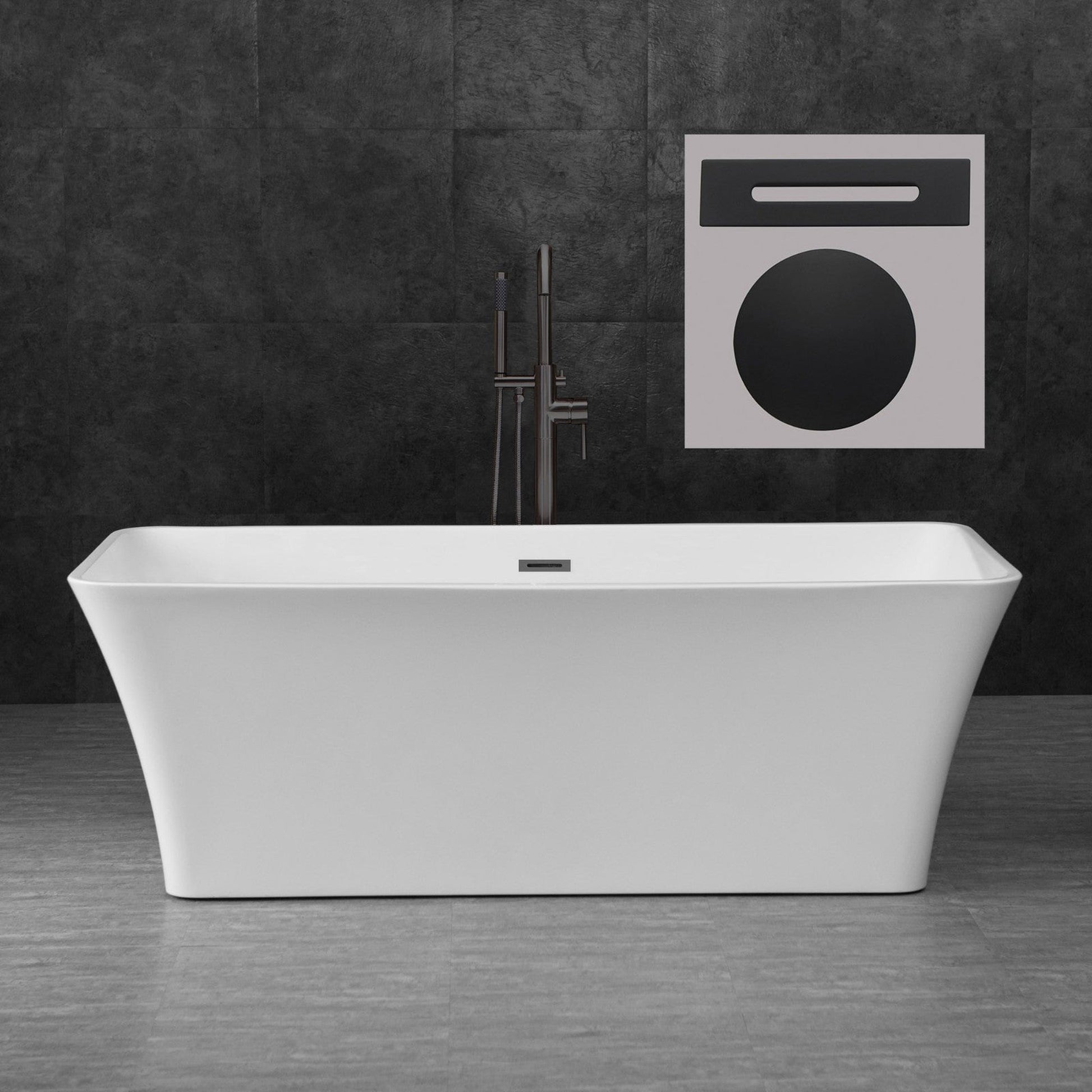 WoodBridge B0004 67" White Acrylic Freestanding Soaking Bathtub With Matte Black Drain and Overflow