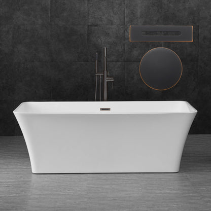 WoodBridge B0004 67" White Acrylic Freestanding Soaking Bathtub With Oil Rubbed Bronze Drain and Overflow