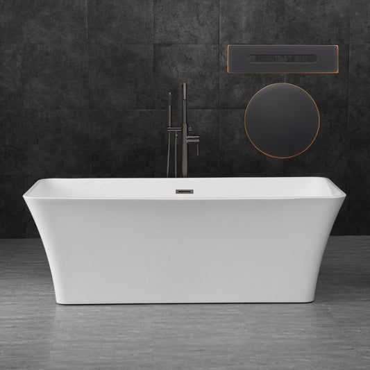 WoodBridge B0004 67" White Acrylic Freestanding Soaking Bathtub With Oil Rubbed Bronze Drain and Overflow