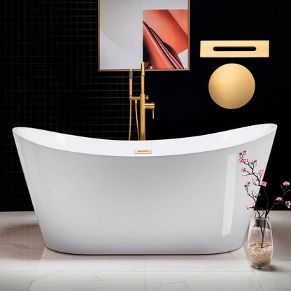 WoodBridge B0010 67" White Acrylic Freestanding Contemporary Soaking Bathtub With Brushed Gold Drain, Overflow, F0073BGVT Tub Filler and Caddy Tray