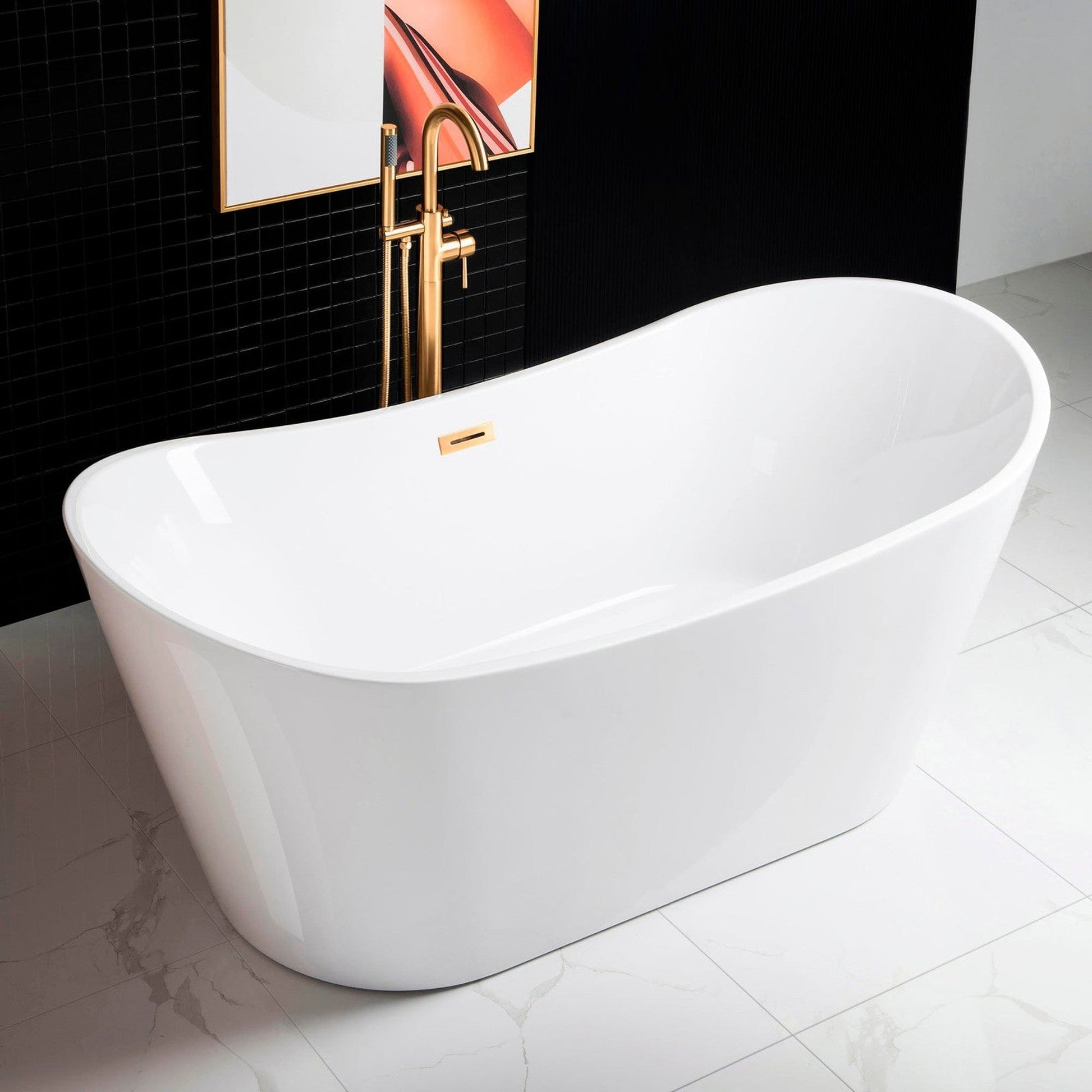 WoodBridge B0010 67" White Acrylic Freestanding Contemporary Soaking Bathtub With Brushed Gold Drain, Overflow, F0073BGVT Tub Filler and Caddy Tray