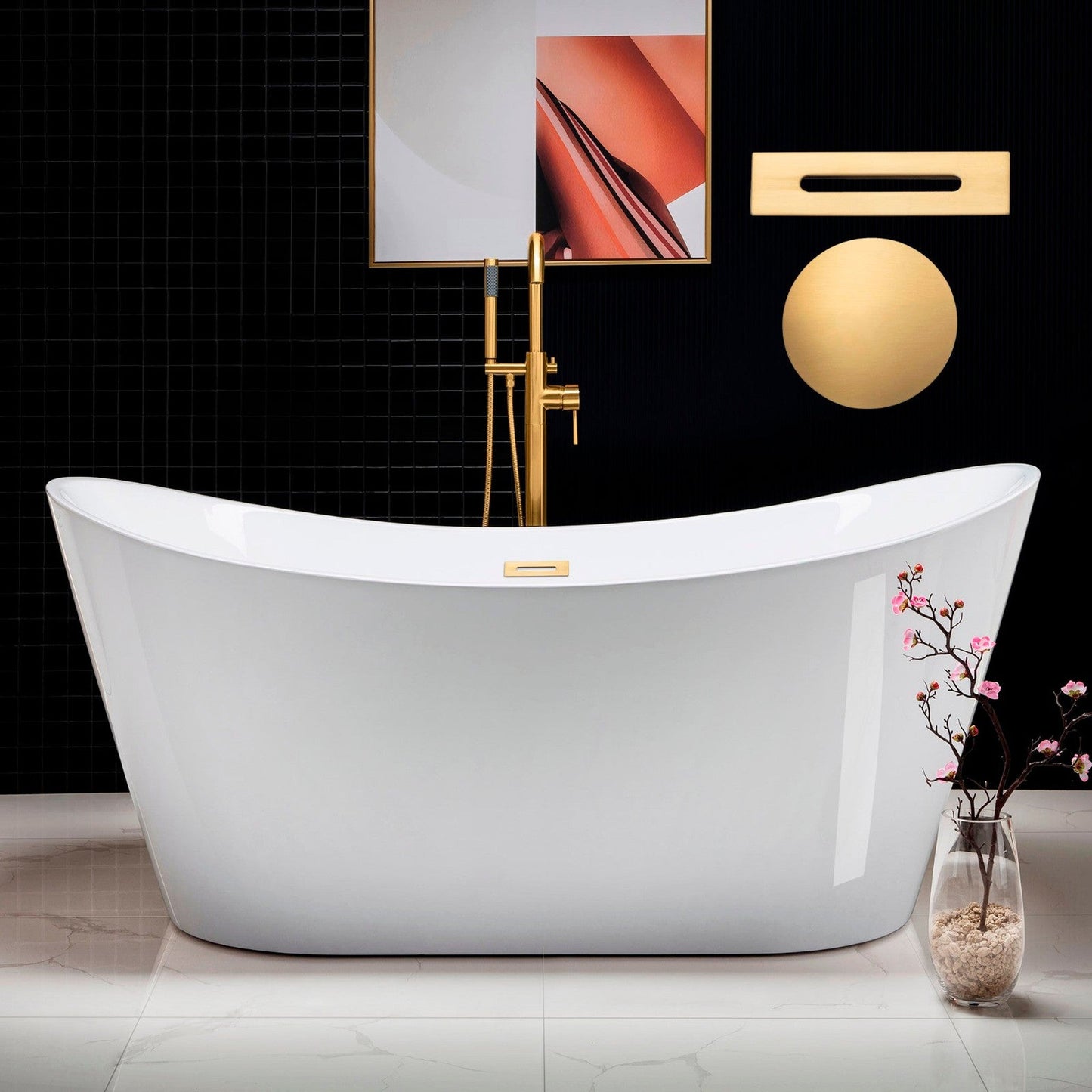 WoodBridge B0010 67" White Acrylic Freestanding Contemporary Soaking Bathtub With Brushed Gold Drain, Overflow, F0073BGVT Tub Filler and Caddy Tray