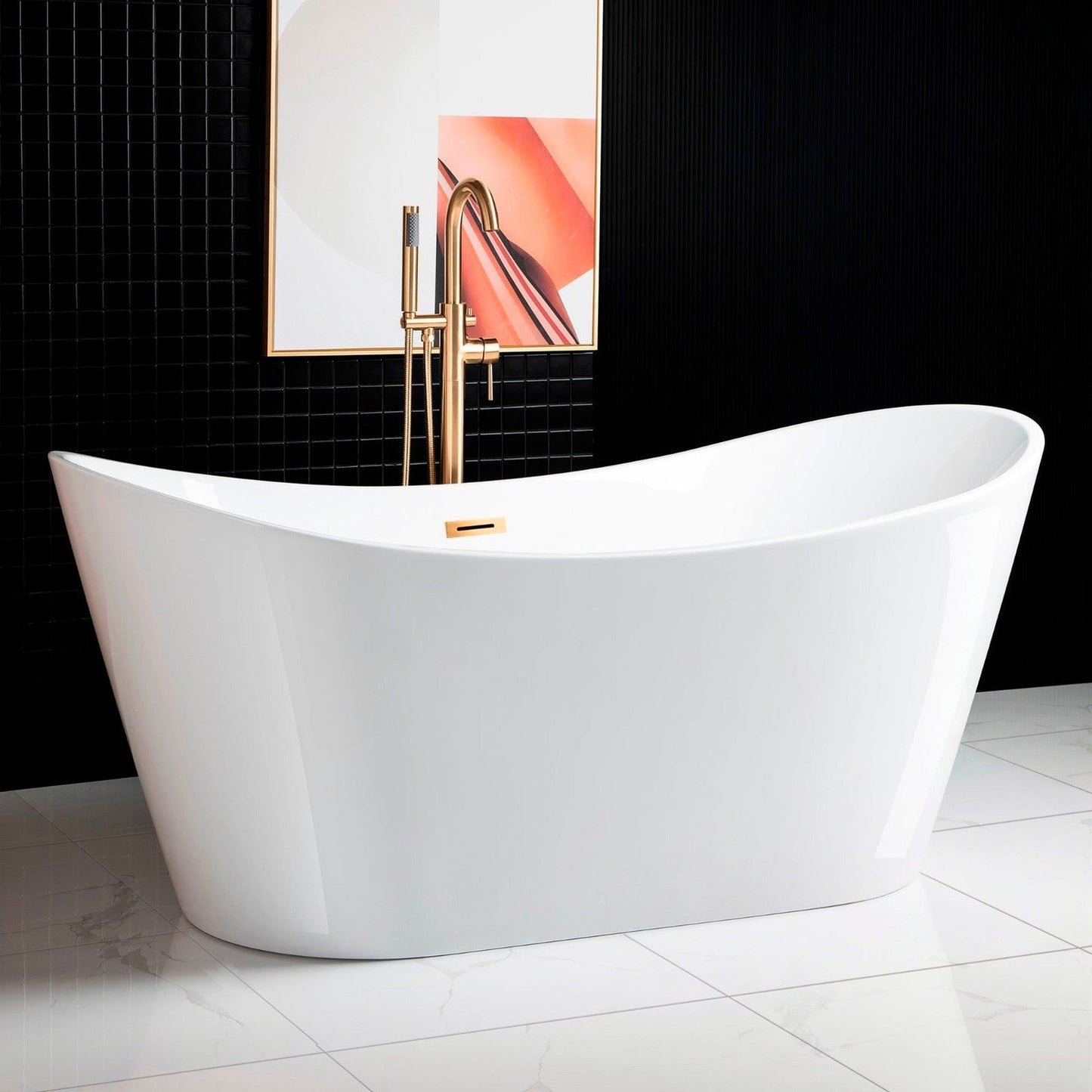 WoodBridge B0010 67" White Acrylic Freestanding Contemporary Soaking Bathtub With Brushed Gold Drain, Overflow, F0073BGVT Tub Filler and Caddy Tray