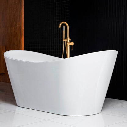 WoodBridge B0010 67" White Acrylic Freestanding Contemporary Soaking Bathtub With Brushed Gold Drain, Overflow, F0073BGVT Tub Filler and Caddy Tray