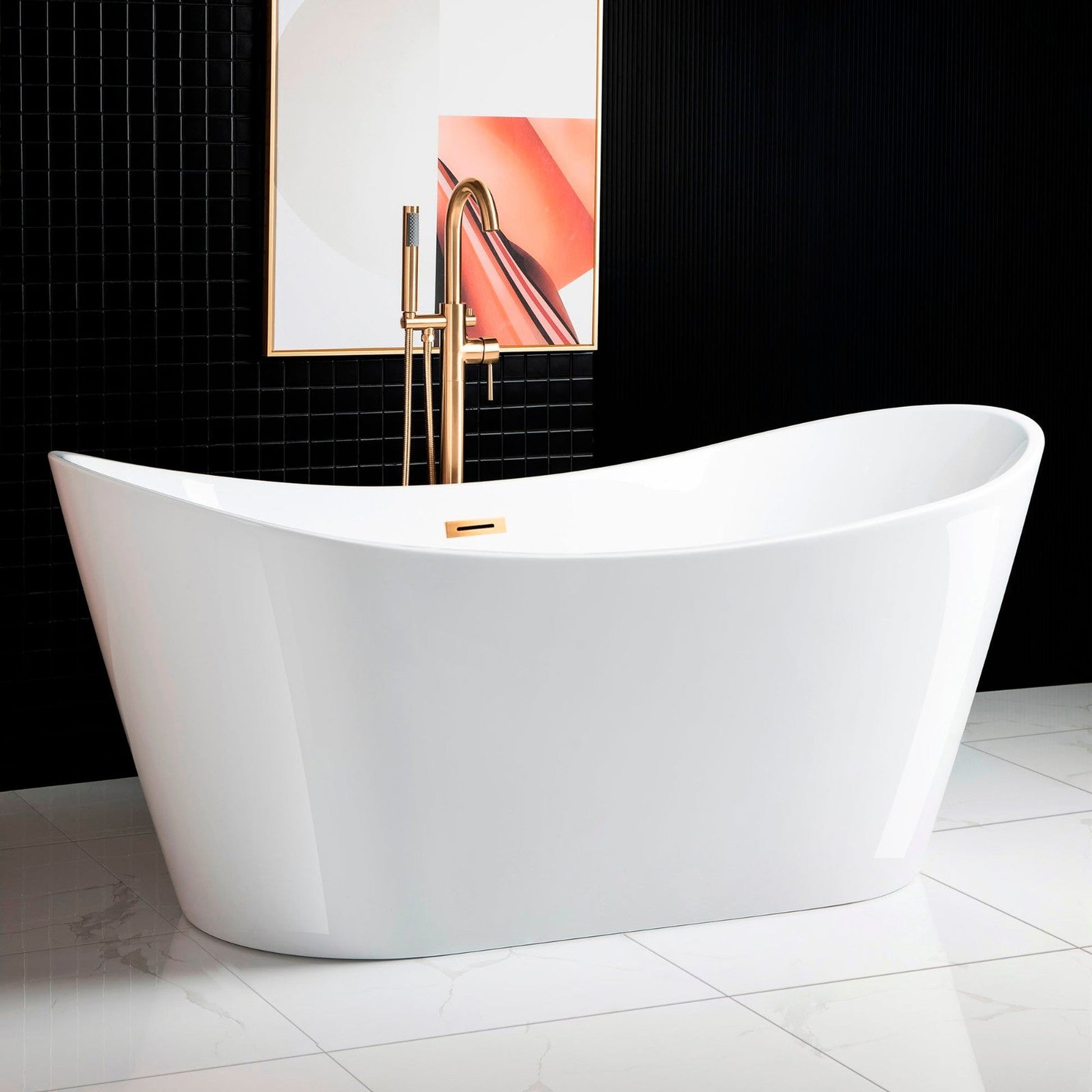 WoodBridge B0010 67" White Acrylic Freestanding Contemporary Soaking Bathtub With Brushed Gold Drain and Overflow