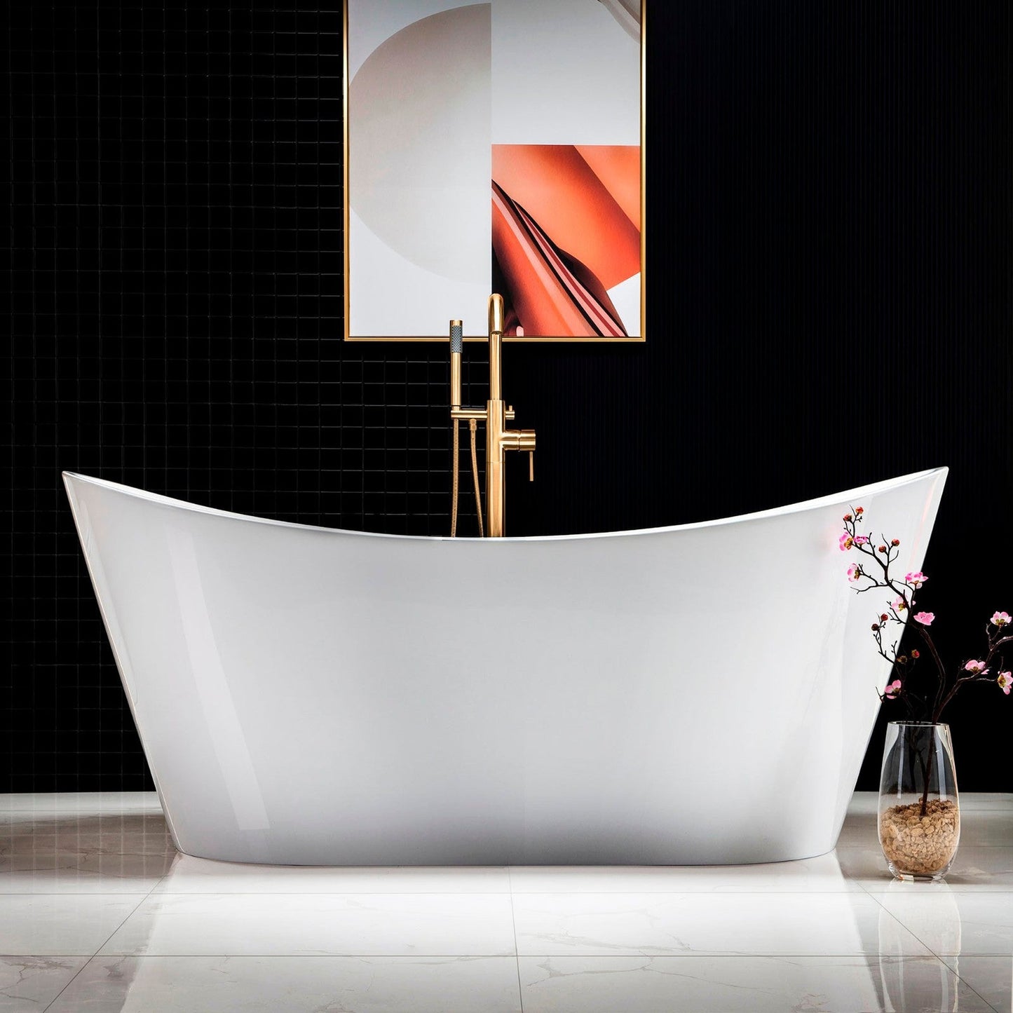 WoodBridge B0010 67" White Acrylic Freestanding Contemporary Soaking Bathtub With Brushed Gold Drain and Overflow