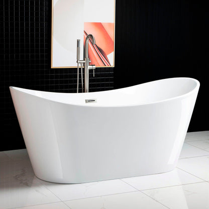 WoodBridge B0010 67" White Acrylic Freestanding Contemporary Soaking Bathtub With Brushed Nickel Drain, Overflow, F-0014 Tub Filler and Caddy Tray