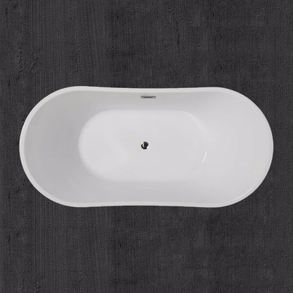 WoodBridge B0010 67" White Acrylic Freestanding Contemporary Soaking Bathtub With Brushed Nickel Drain, Overflow, F-0014 Tub Filler and Caddy Tray
