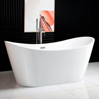 WoodBridge B0010 67" White Acrylic Freestanding Contemporary Soaking Bathtub With Brushed Nickel Drain, Overflow, F-0018BN Tub Filler and Caddy Tray