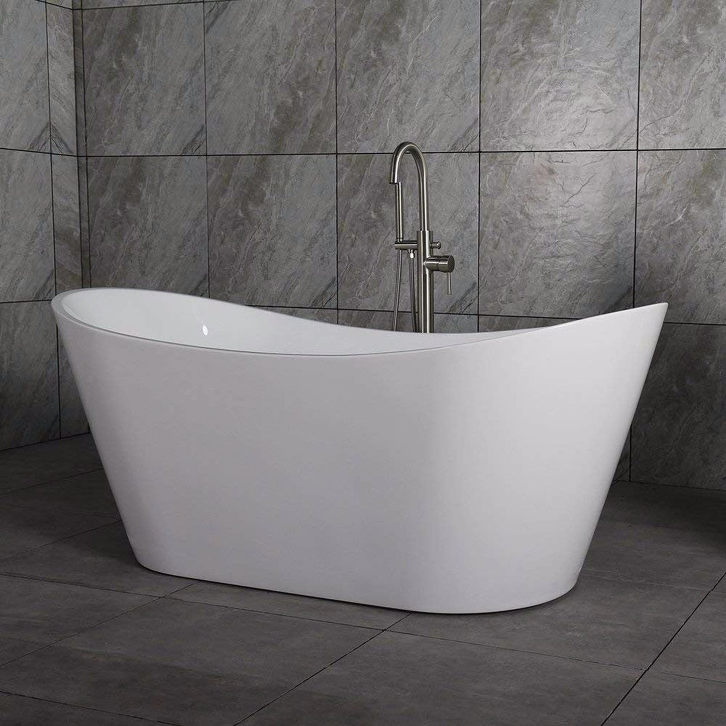WoodBridge B0010 67" White Acrylic Freestanding Contemporary Soaking Bathtub With Brushed Nickel Drain, Overflow, F-0018BN Tub Filler and Caddy Tray