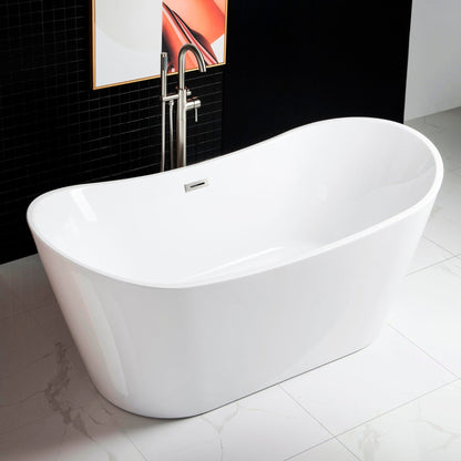 WoodBridge B0010 67" White Acrylic Freestanding Contemporary Soaking Bathtub With Brushed Nickel Drain, Overflow, F0001BNSQ Tub Filler and Caddy Tray