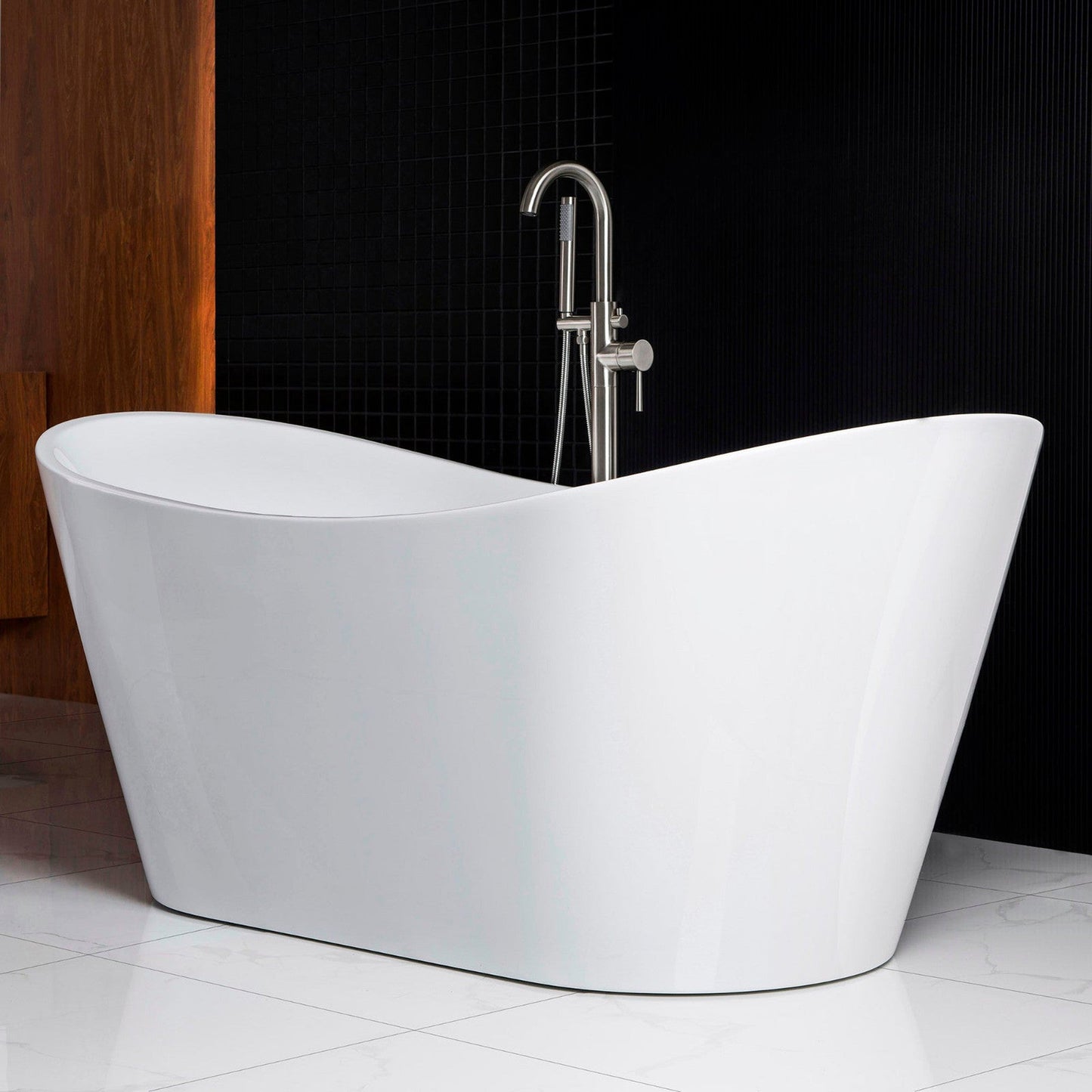 WoodBridge B0010 67" White Acrylic Freestanding Contemporary Soaking Bathtub With Brushed Nickel Drain, Overflow, F0001BNVT Tub Filler and Caddy Tray